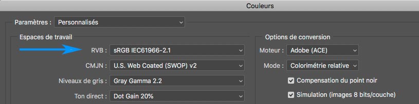 Choix de l'espace couleur de travail dans Photoshop
