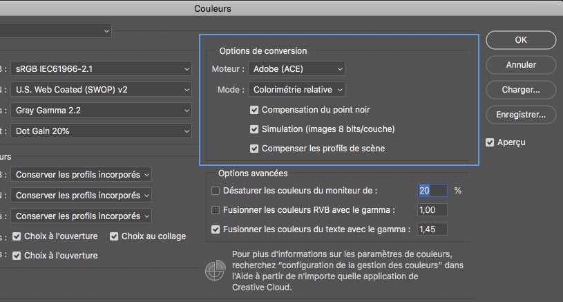 Choix des options de conversion dans Photoshop