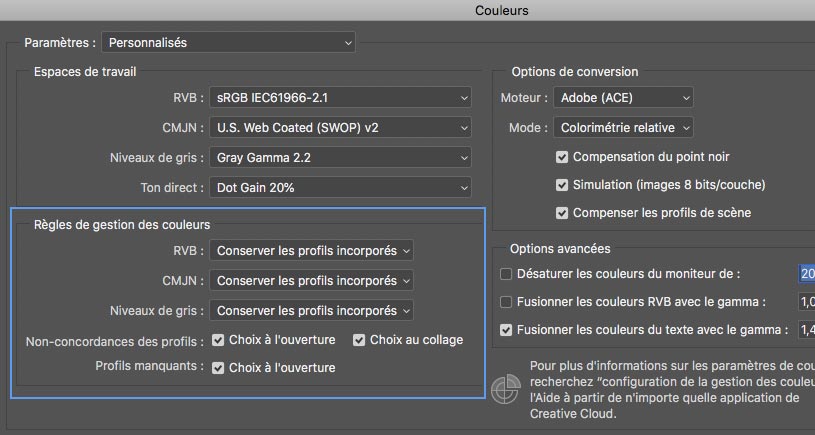 Règles de gestion des couleurs dans Photoshop