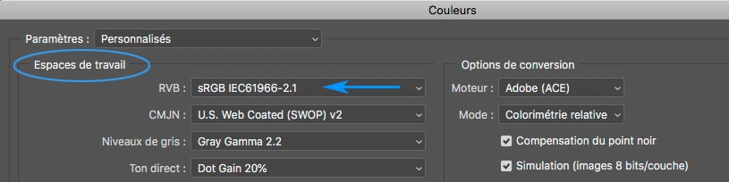 Choix de l'espace cde travail RVB dans Photoshop