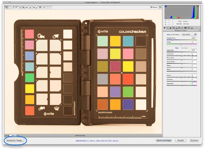 Ouverture de la photo de la ColorChecker Passport dans Camera Raw