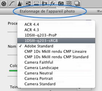 Onglet 'Etalonner l'appareil photo' de Camera Raw