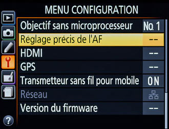 Menu réglages précis de l'autofocus d'un Nikon