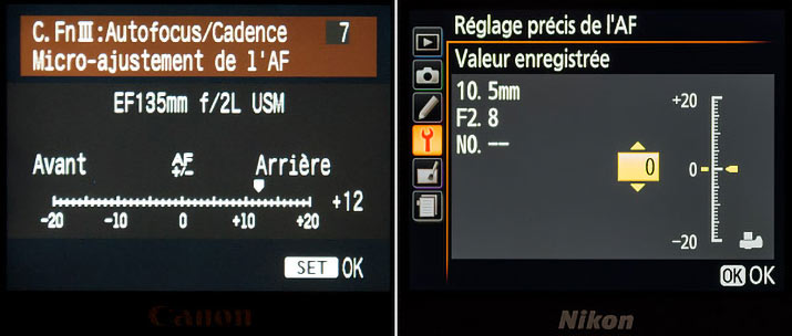 Menus du réglage précis de l'autofocus des reflex Canon et Nikon