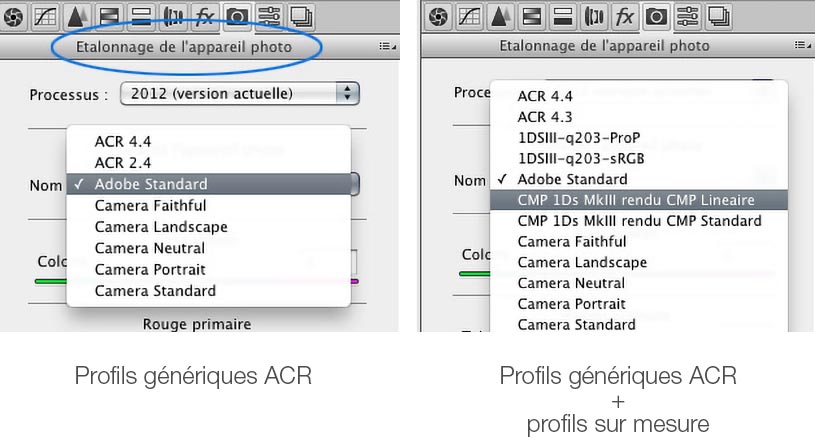 Choix du profil ICC d'appareil photo dans Camera Raw