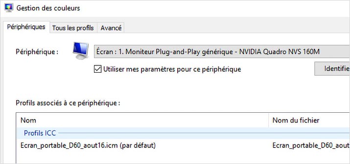 Préférences gestion des couleurs moniteurs de Windows 10