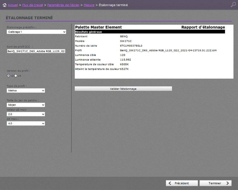 Enregistrement du profil ICC dans Palette master Element de BenQ 