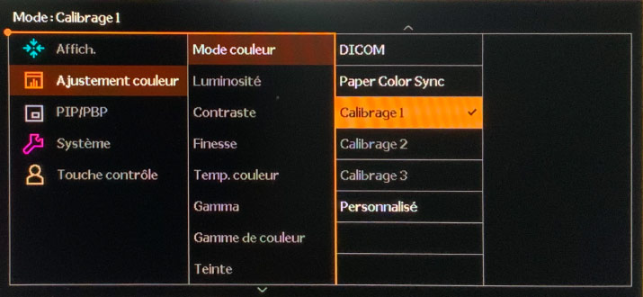 Menu OSD du BenQ SW271C