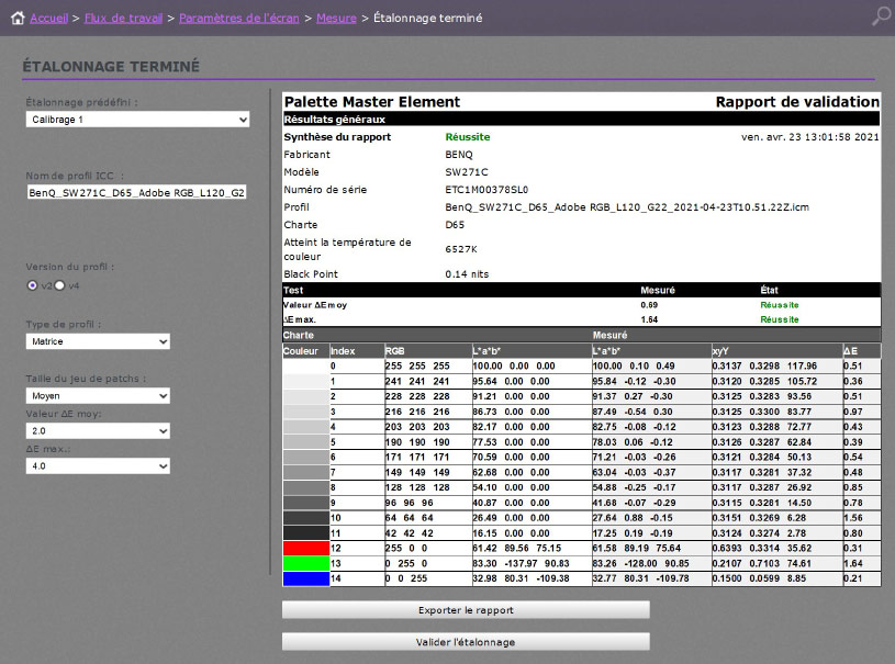 Validation du profil ICC dans Palette Master Element de BenQ