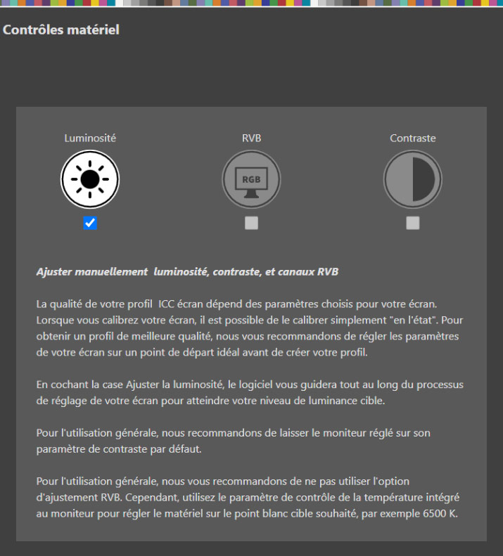 Choix des réglages écran dans Calibrite Profiler