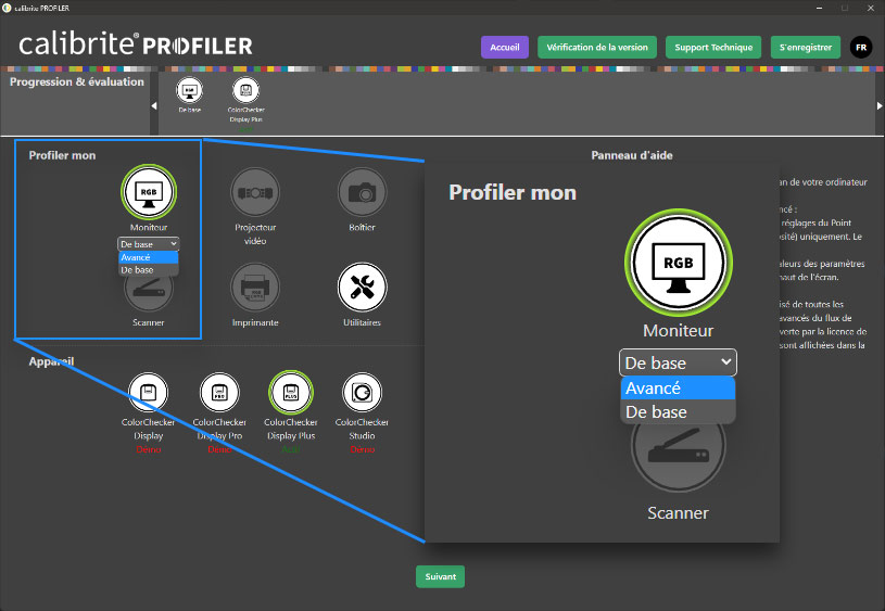 Choix du mode de base ou avancé dans Calibrite Profiler