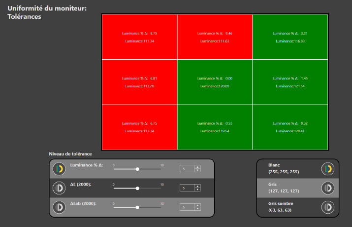 Résultats de la mesure d'uniformité d'un écran avec Calibrite Profiler Résultats de la mesure d'uniformité d'un écran avec Calibrite Profiler