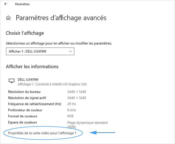 Paramètres d'affichage avancés de Windows 10