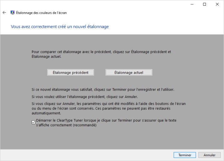 Vérification de la calibration sans sonde dans Windows 10