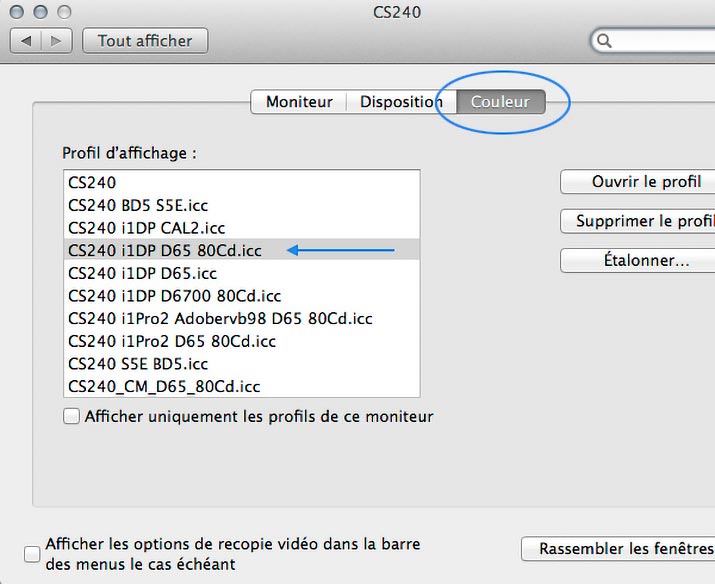 Onglet couleur des préférences moniteurs de Mac OS