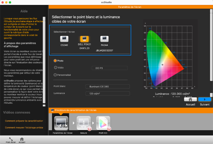 Choisir l'écran à calibrer avec ccStudio