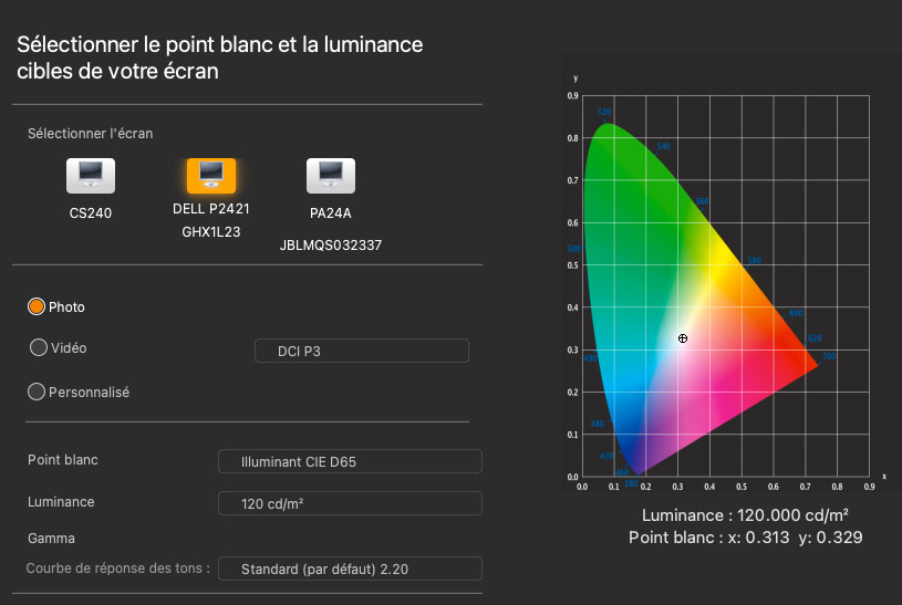 Choix de la cible photo dans ccStudio de Calibrite