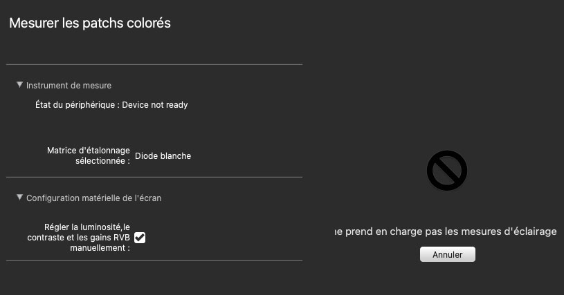 Options avant la mesure des patchs colorés avec ccStudio