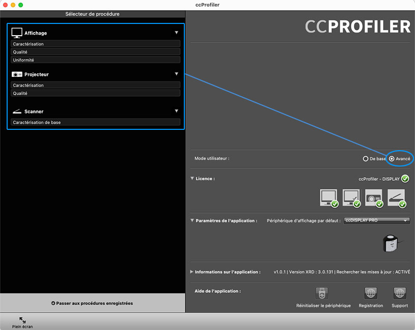 Mode utilisateur avancé de ccProfiler de Calibrite