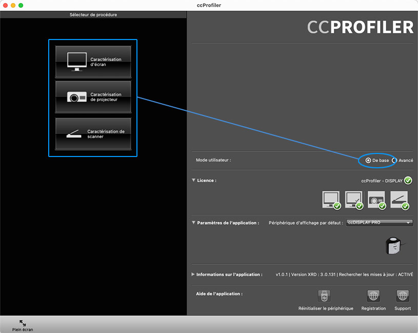Choix du mode de base ou avancé dans ccProfiler de Calibrite Choix du mode de base ou avancé dans ccProfiler de Calibrite