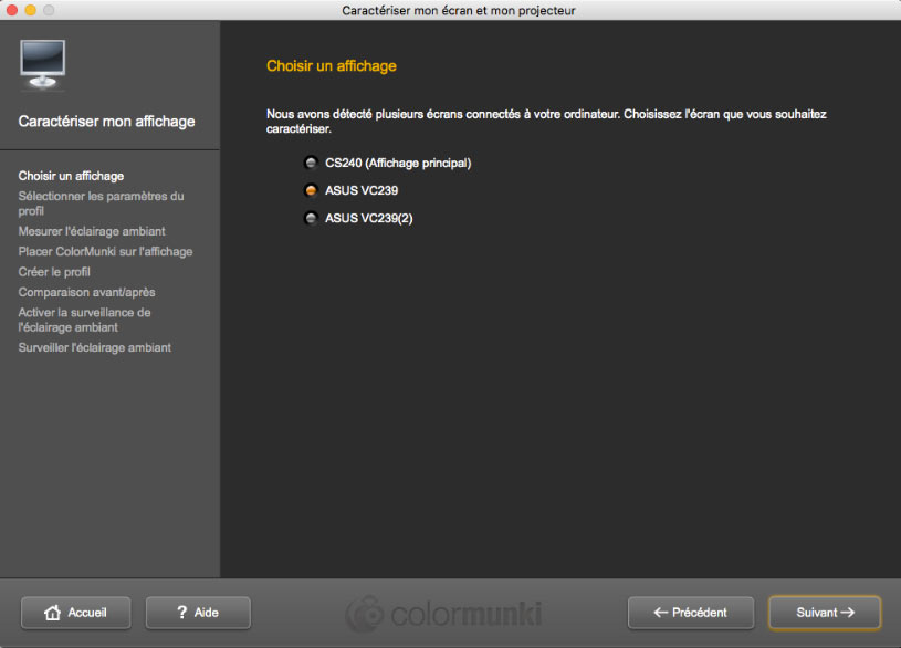 ColorMunki Display : choix de l'écran à calibrer