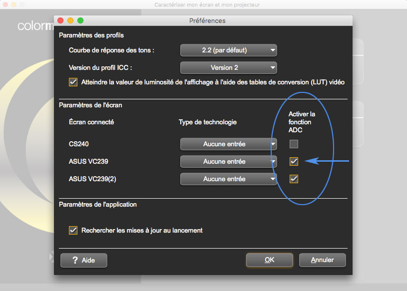 Activation de la fonction ADC de Colormunki Display