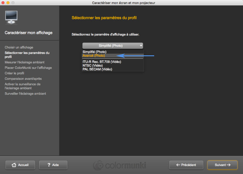ColorMunki Display : choix du mode de calibrage simplifié ou avancé