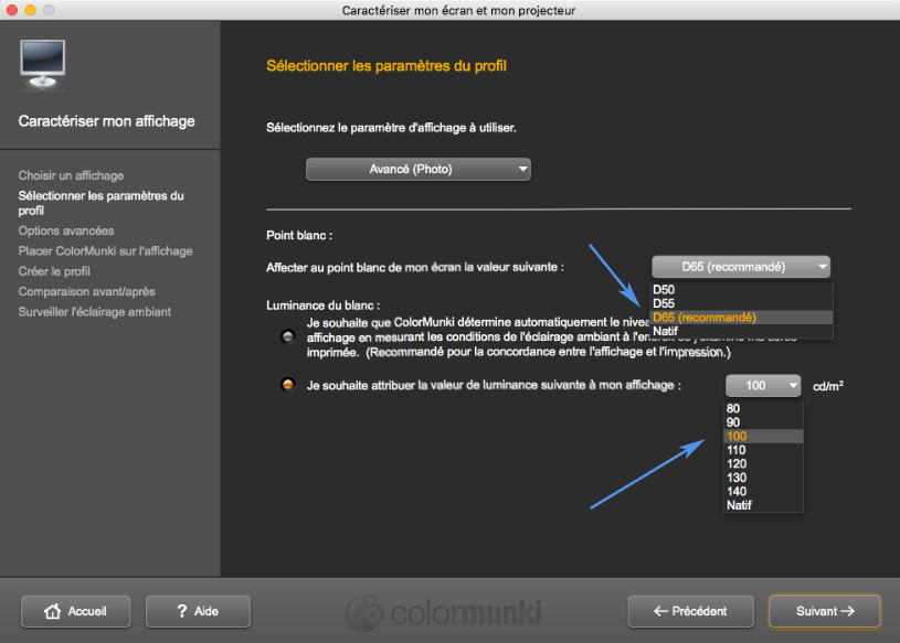 ColorMunki Display : choix de l'illuminant et de la luminance