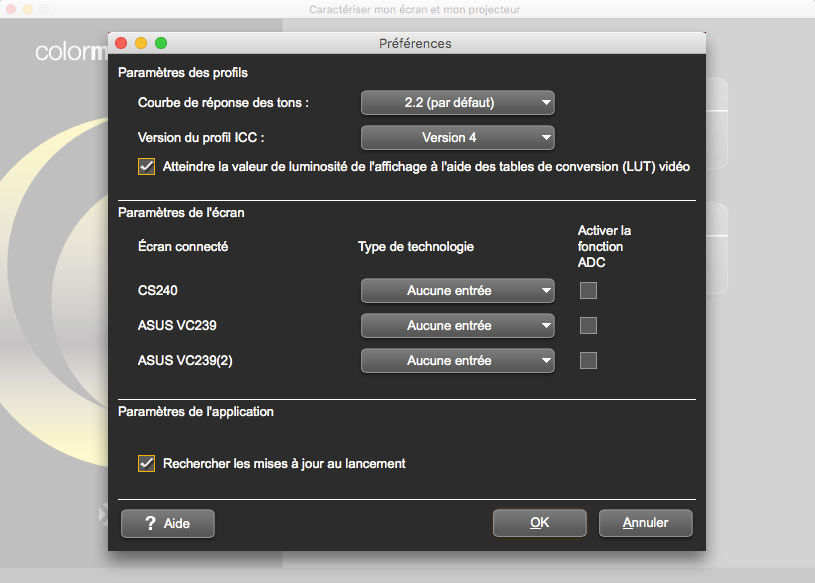 Préférences du logiciel ColorMunki Display