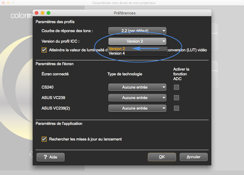 Préférences du logiciel ColorMunki Display : norme ICC