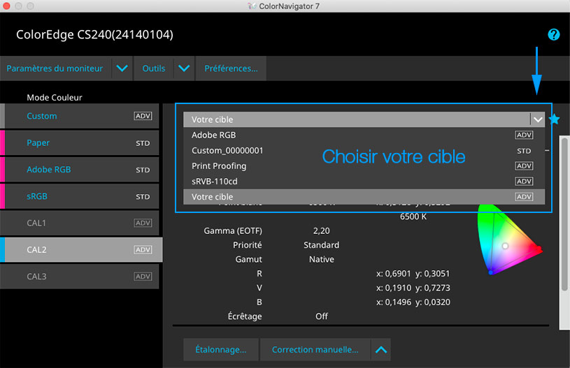 Choisir sa cible de calibrage dans ColorNavigator