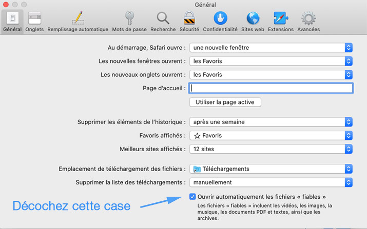 Décochez l'option ouvrir automatiquement les fichiers fiables de Safari