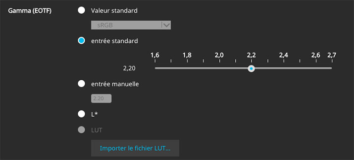 Choisir le gamma de la cible dans ColorNavigator