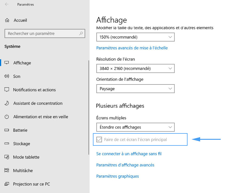 Faire de cet écran l'écran principal dans Windows 10