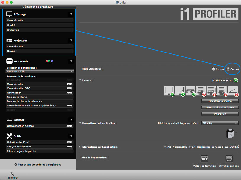 Interface avancée d'i1Profiler