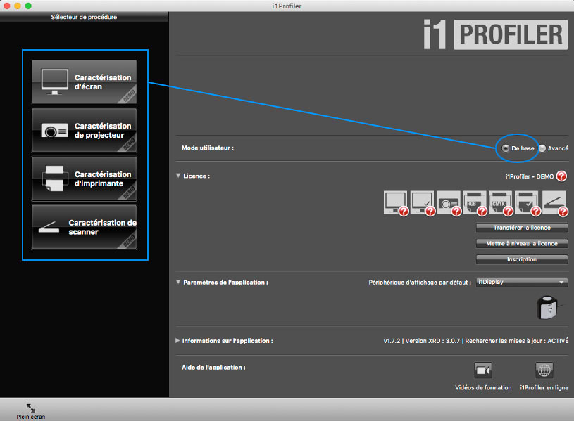 Choix du mode de base ou avancée dans i1Profiler