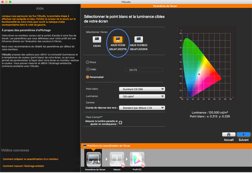 Choisir l'écran à calibrer avec l'i1Studio
