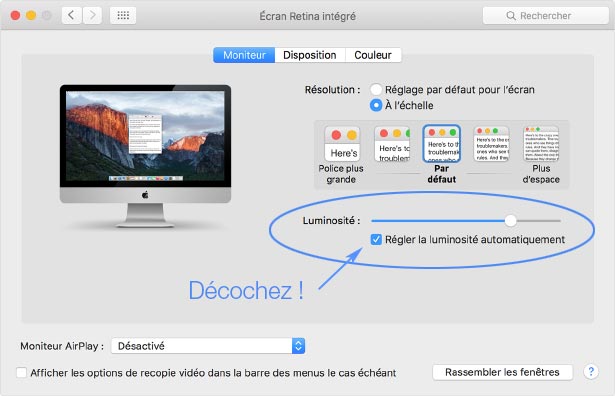 Options réglages luminosité iMac