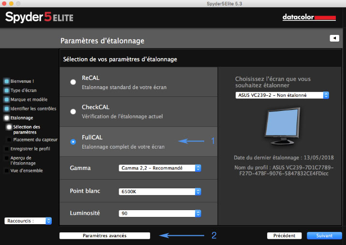 Paramètres d'étalonnage avant le calibrage écran avec Spyder5Elite