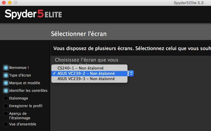 Sélectionner l'écran à calibrer avec Spyder5Elite