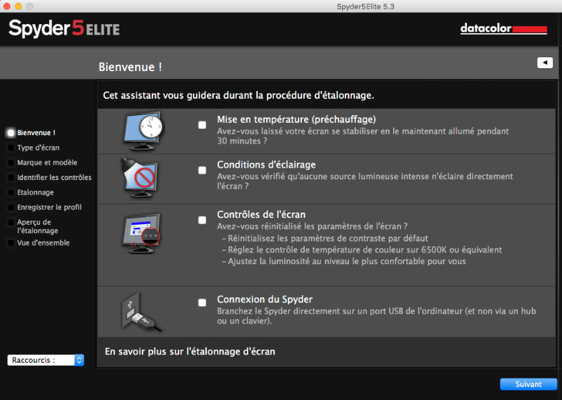 Écran de bienvenue du logiciel de calibrage Spyder5Elite