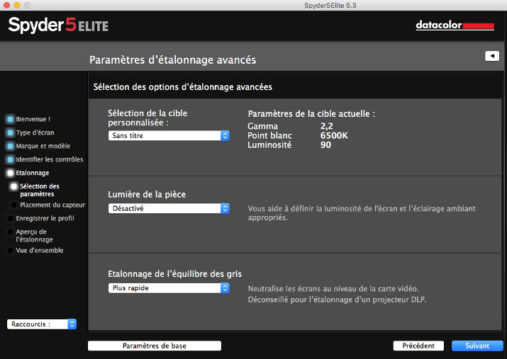 Paramètres avancés avant le calibrage écran avec Spyder5Elite