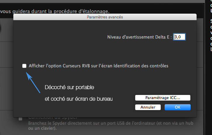 Paramètres avancés du logiciel de calibrage Spyder5Elite