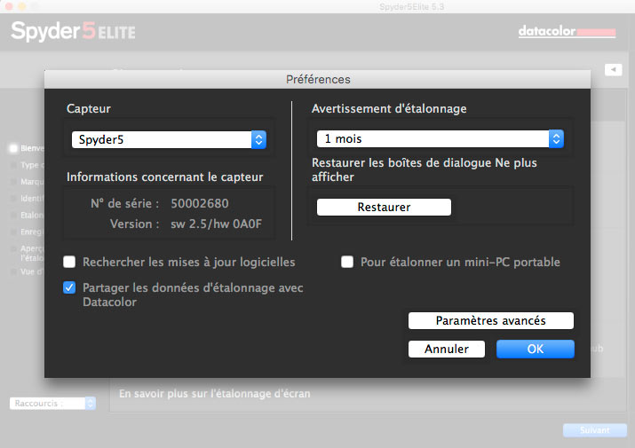Rappel de l'étalonnage Spyder3Elite