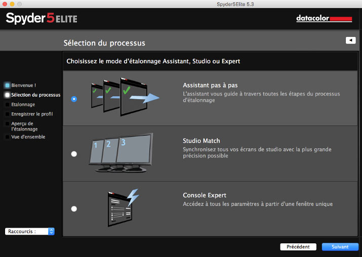 Sélection du processus avant le calibrage écran avec Spyder5Elite