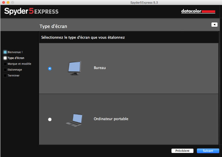 Sélection de la technologie de l'écran à calibrer du logiciel Spyder5Pro Datacolor