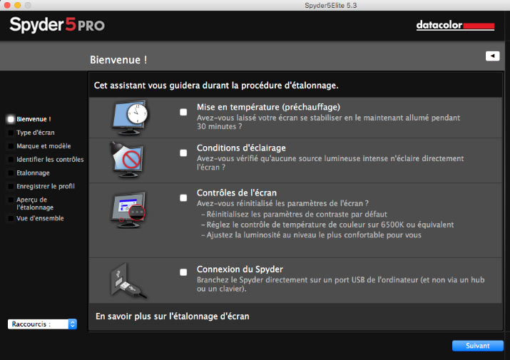 Écran de bienvenue du logiciel Spyder5Pro Datacolor