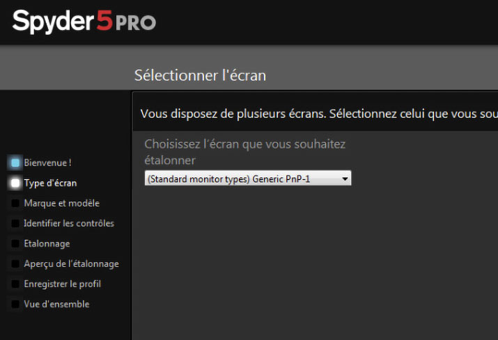 Sélection de l'écran à calibrer du logiciel Spyder5Pro Datacolor