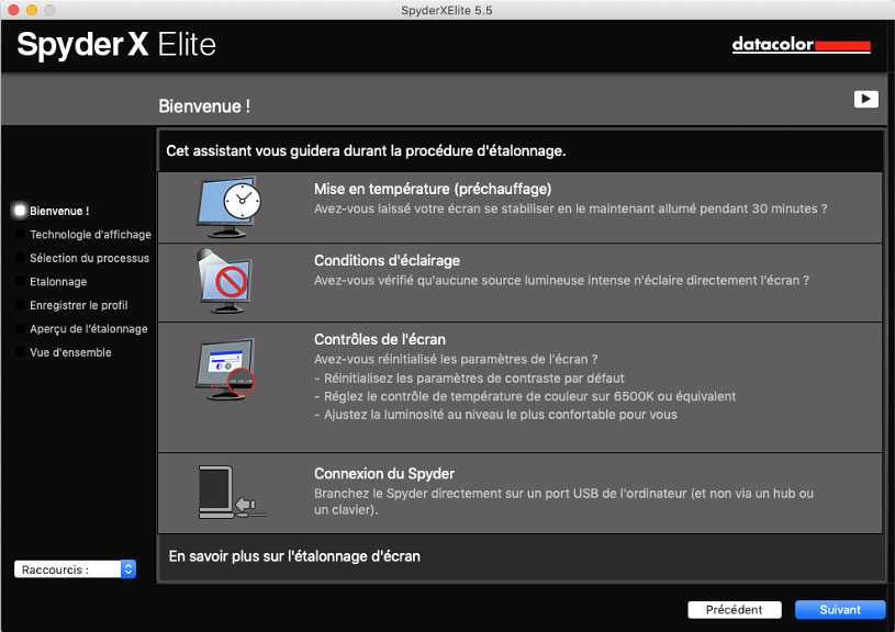 Écran de bienvenue du logiciel de calibrage SpyderX Elite