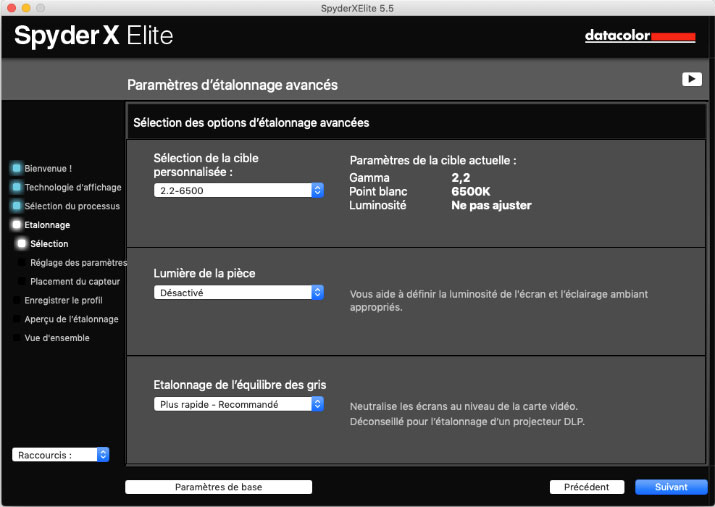 Paramètres avancés avant le calibrage écran avec SpyderX Elite